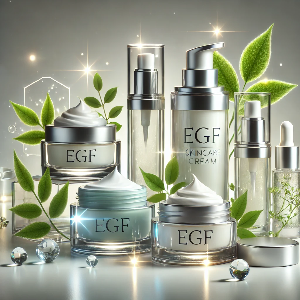 하얀 배경 위에 스킨케어 크림 병과 튜브들이 배열되어 있습니다. 제품에는 EGF 라벨이 붙어 있으며, 주변에 초록 잎사귀와 부드러운 빛 효과가 강조되어 피부 재생과 보습의 느낌을 전달합니다.