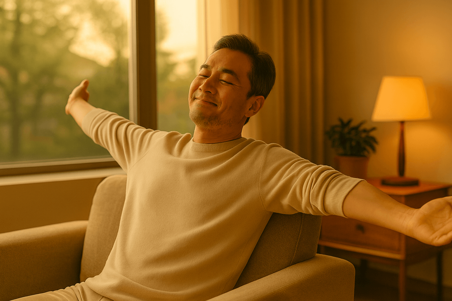 소파에 앉아 두 팔을 벌리고 편안하게 스트레칭하는 중년 한국 남성(따뜻한 실내 조명, 휴식 분위기)