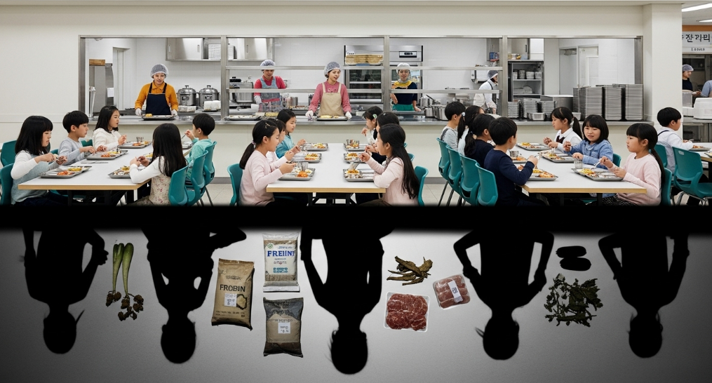 한국인 초등학생들이 학교 급식을 안전하게 먹고 있는 모습. 그들의 식탁 아래 그림자 속에는 값싼 수입산 식재료의 흐릿한 형체가 드리워져 있어, 아이들 안전에 대한 잠재적 위협을 시각화함
