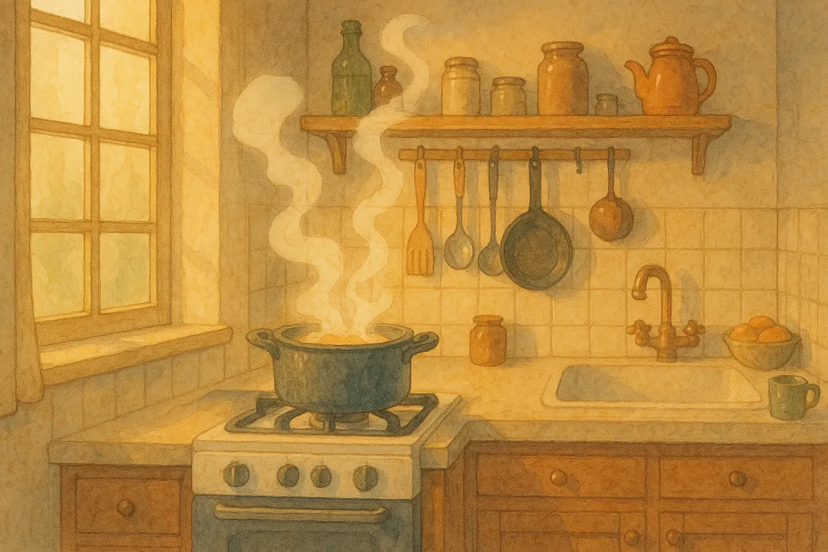 A cozy kitchen with steam rising from a pot, warm lighting, Ghibli-inspired, watercolor effect image