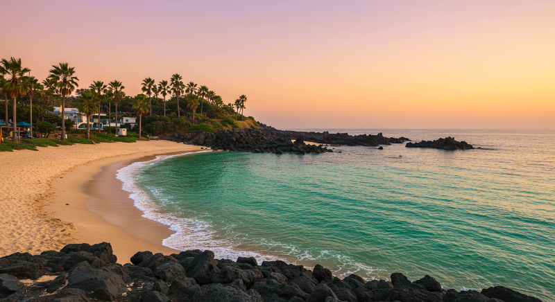 제주도의 에메랄드빛 비밀 해변에 부드러운 노을빛이 비추는 풍경