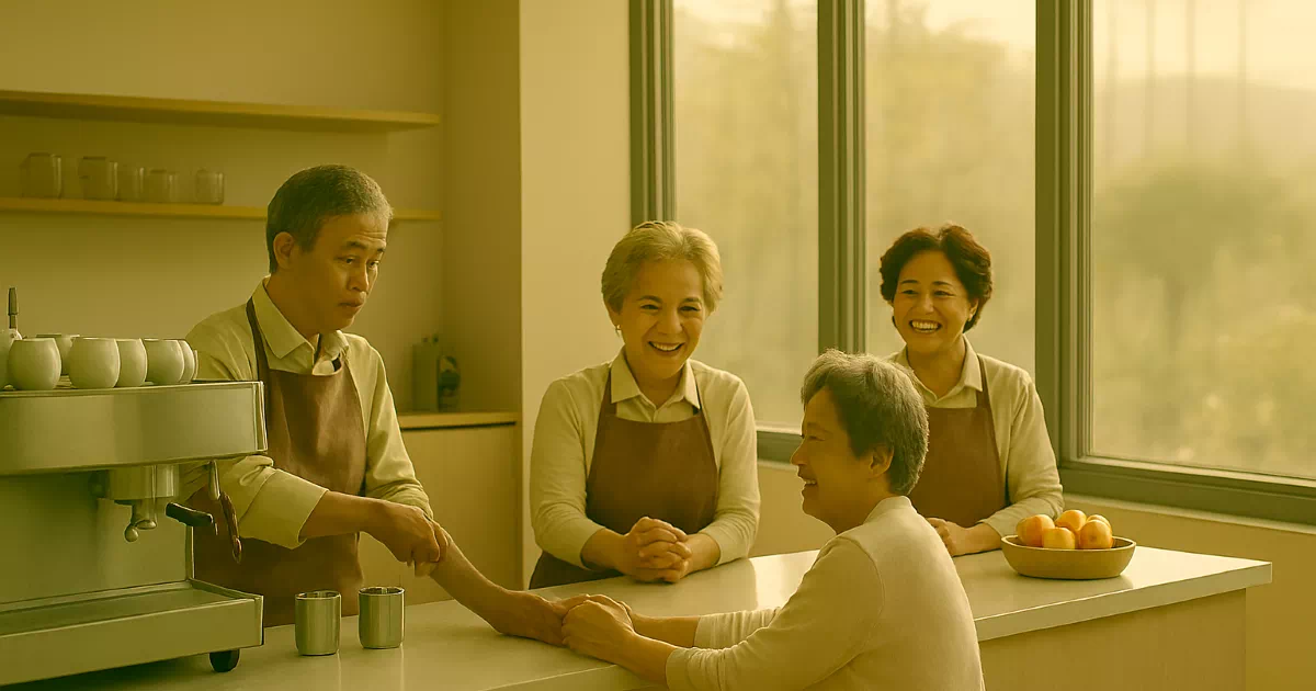 노인일자리 사업으로 실버카페에서 웃으며 일하는 한국 시니어 직원들 모습