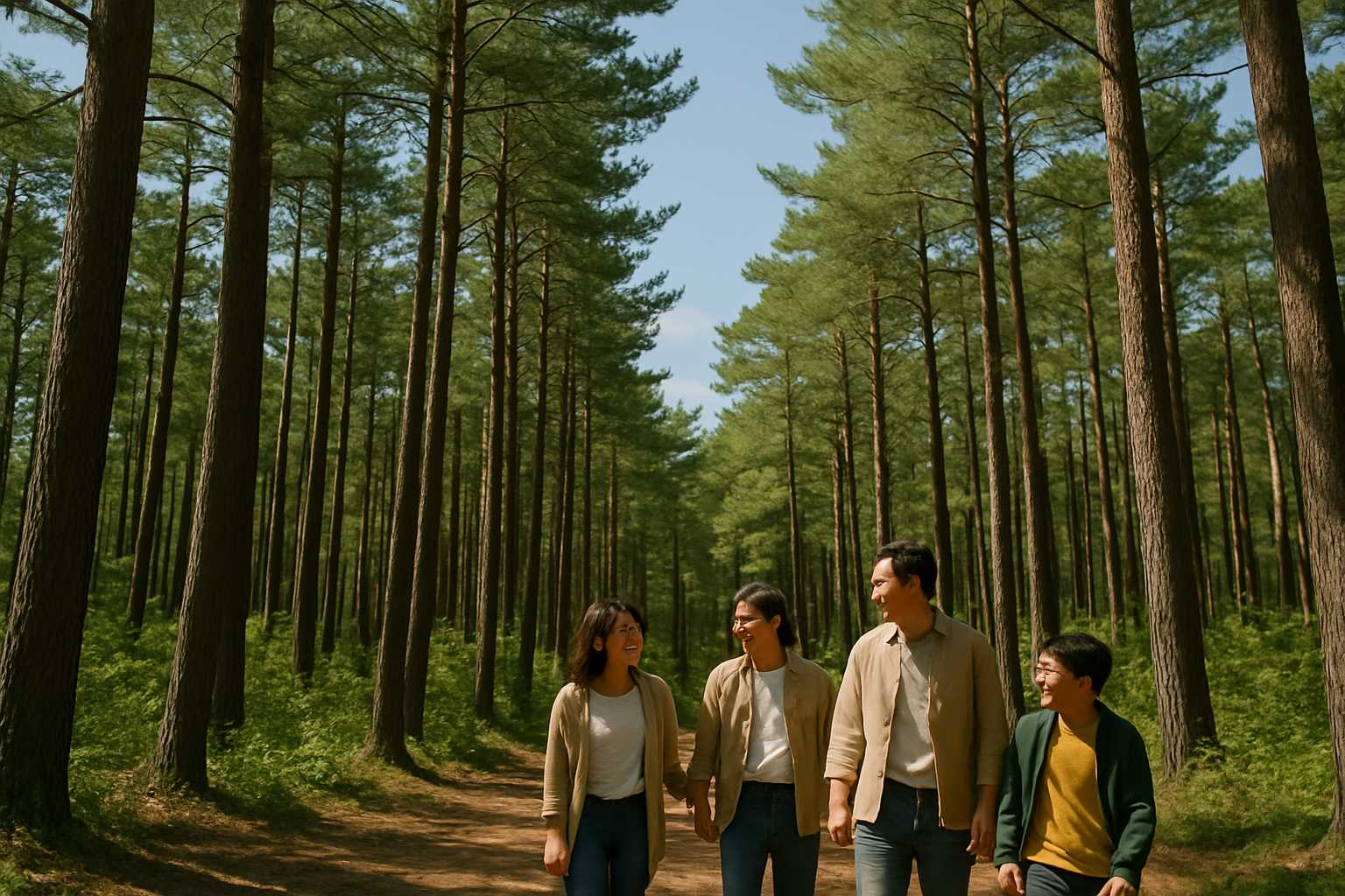 숲에서 웃고있는 가족들의 모습