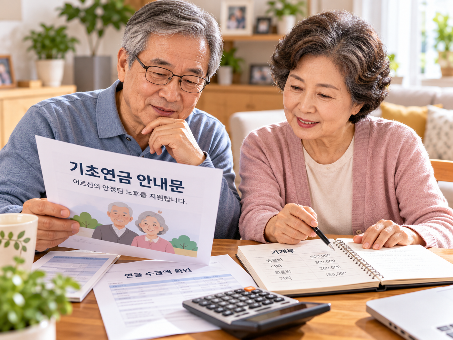 집에서 연금 안내문과 가계부를 함께 살펴보는 노부부
