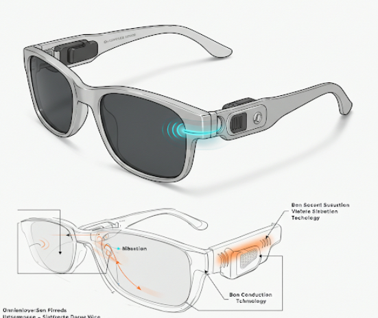 스마트안경의 스포츠 및 기능성 골전도 이어폰과 혼합된 모델 상상 설계도-구글 제미나이 생성 이미지