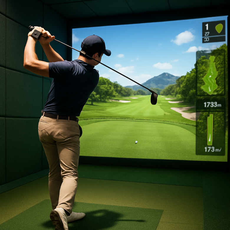 스크린 골프장에서 스트로크 연습하는 모습