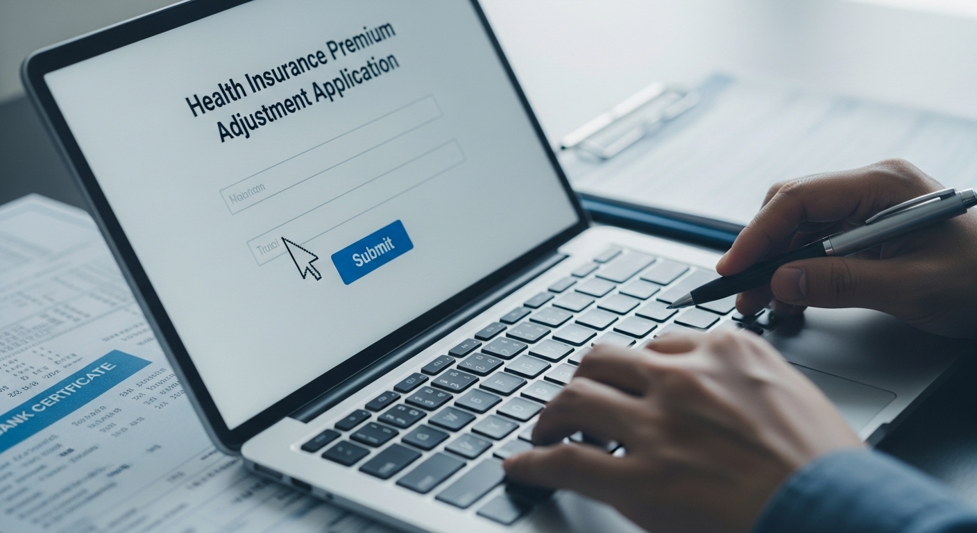 노트북 화면에서 건강보험료 즉시 조정 신청서를 작성하고 제출 버튼을 누르려는 손의 모습.