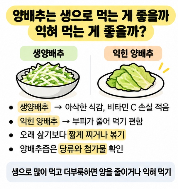 양배추를 생으로 먹는 방법과 익혀 먹는 방법을 비교한 이미지