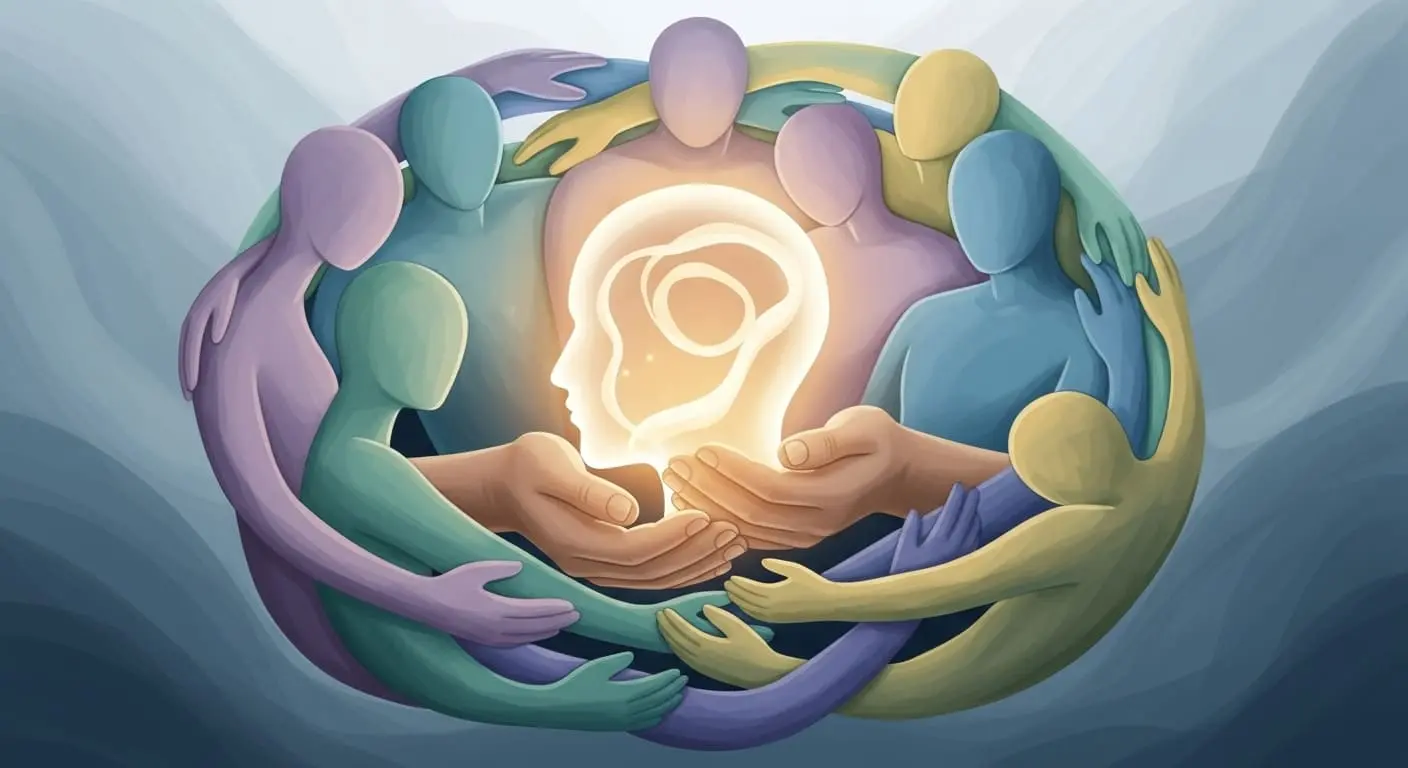 편안한 푸른색 배경에서 정신적 안정과 환우들의 지지를 상징하는 추상적인 손과 사람 형상.