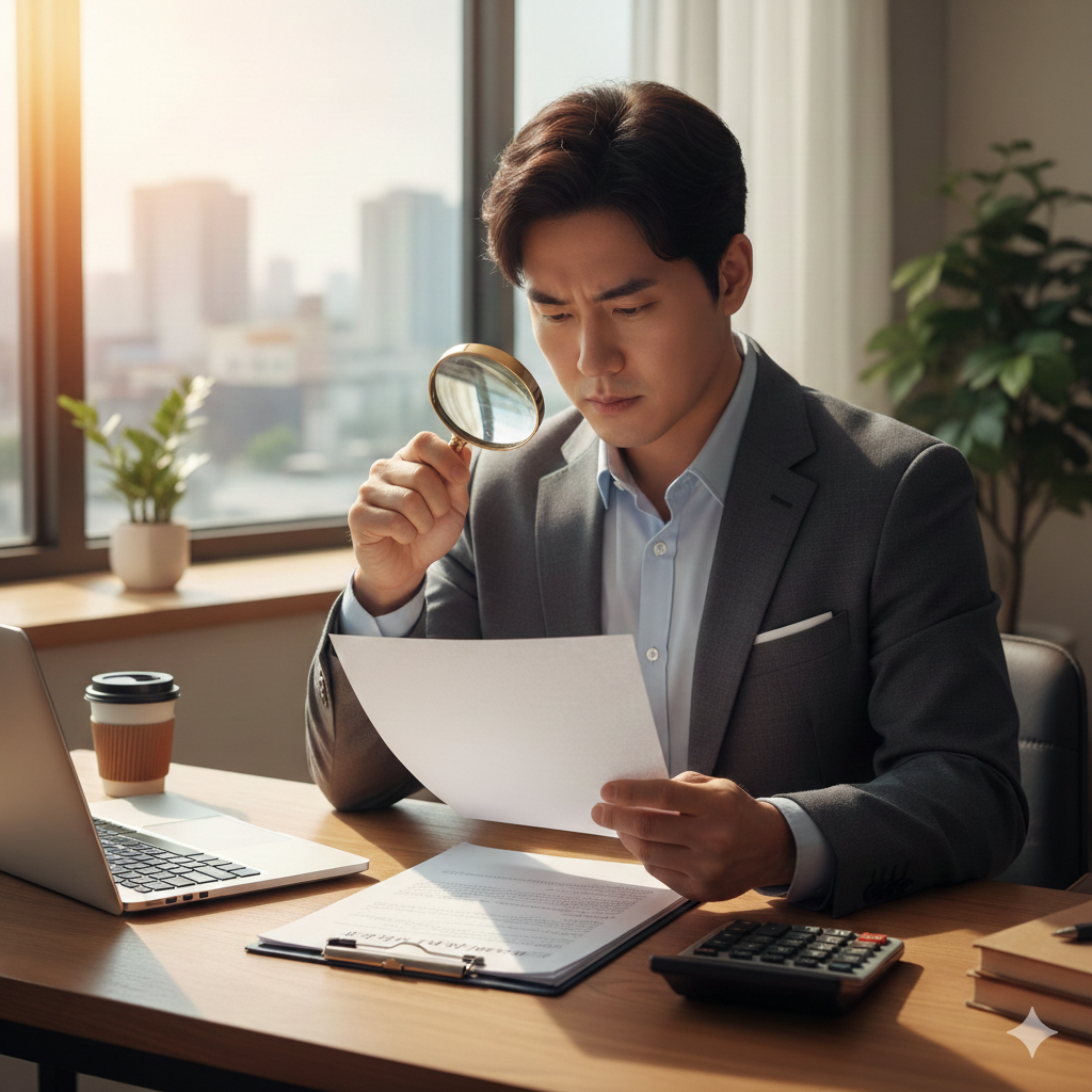 깨끗한 사무실 책상에 앉아 돋보기 없이 서류를 진지하게 검토하고 있는 남성 전문가의 모습. 옆에는 노트북과 계산기가 놓여 있음.