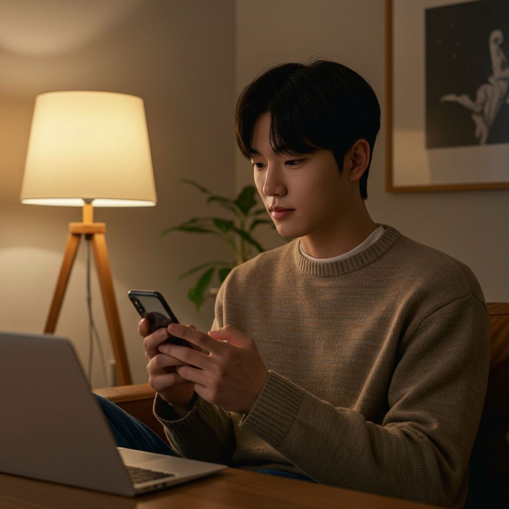 스마트폰으로 심리 테스트 하는 모습