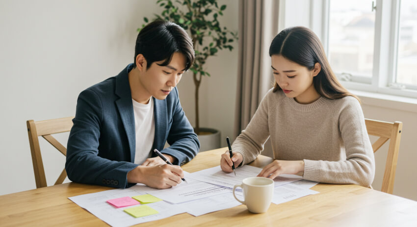 시공사와의 표준시공계약서를 꼼꼼히 확인 하고 있는 부부