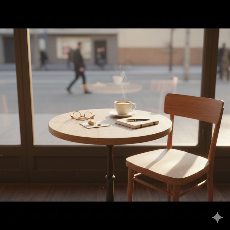 창가 햇살이 비치는 카페 테이블 위에 안경, 노트, 그리고 김이 모락모락 나는 커피 한 잔이 놓여 있는 평화로운 풍경