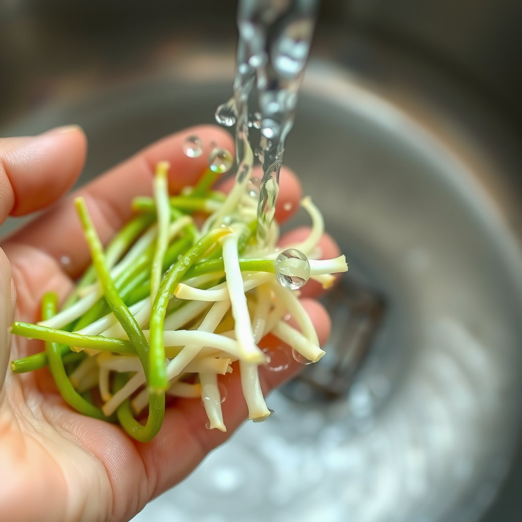 흐르는 물에 콩나물을 깨끗하게 씻고 있는 손의 모습을 부드러운 초점으로 담습니다. 콩나물 줄기와 뿌리가 물에 헹궈지며 신선함이 느껴지도록 연출하며, 위생적이고 정성스러운 준비 과정을 보여줍니다.