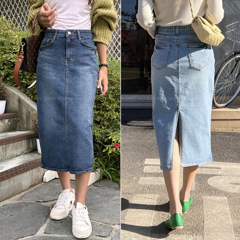 봄가을 H라인 데님스커트 스판 밴딩 7부 미디 뒷트임 청치마 여자 데님롱스커트