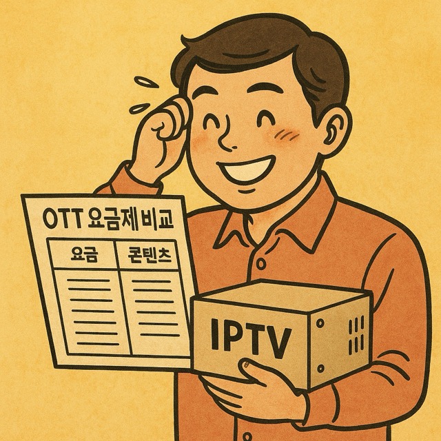 IPTV 셋톱박스를 반납하고 웃으며 OTT 요금제 비교표를 보는 남성