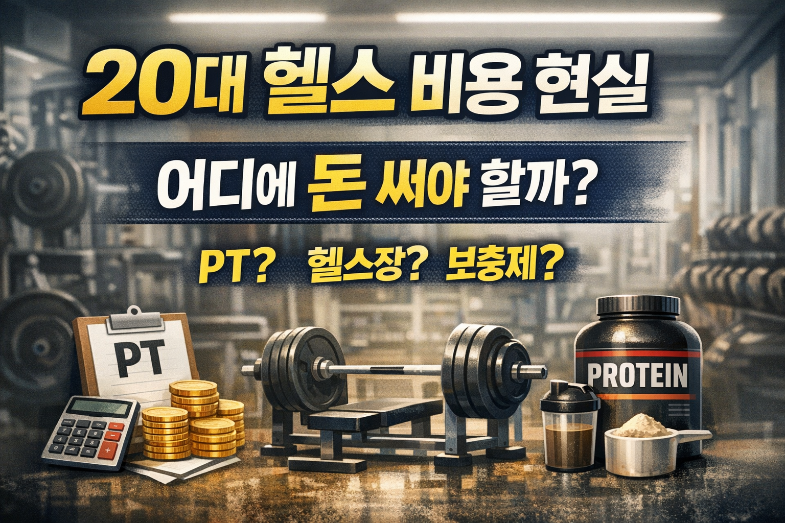 20대 헬스 비용 현실을 주제로 PT, 헬스장, 보충제 중 비용 우선순위를 고민하는 썸네일 이미지