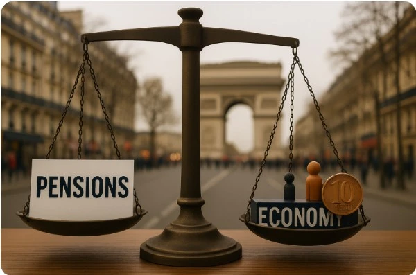 파리 개선문 배경 속 연금이 경제보다 무거운 불균형 저울