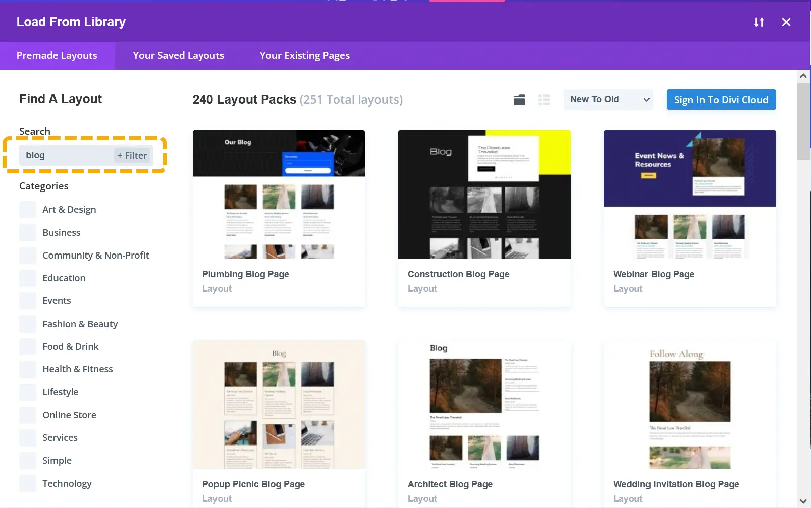 워드프레스 Divi 테마 레이아웃 팩 검색하기