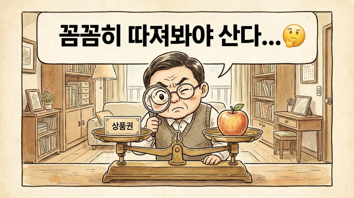 선물 지표를 저울질하며 비교 분석하는 한국 고전 만화 스타일 시사만평 캐릭터