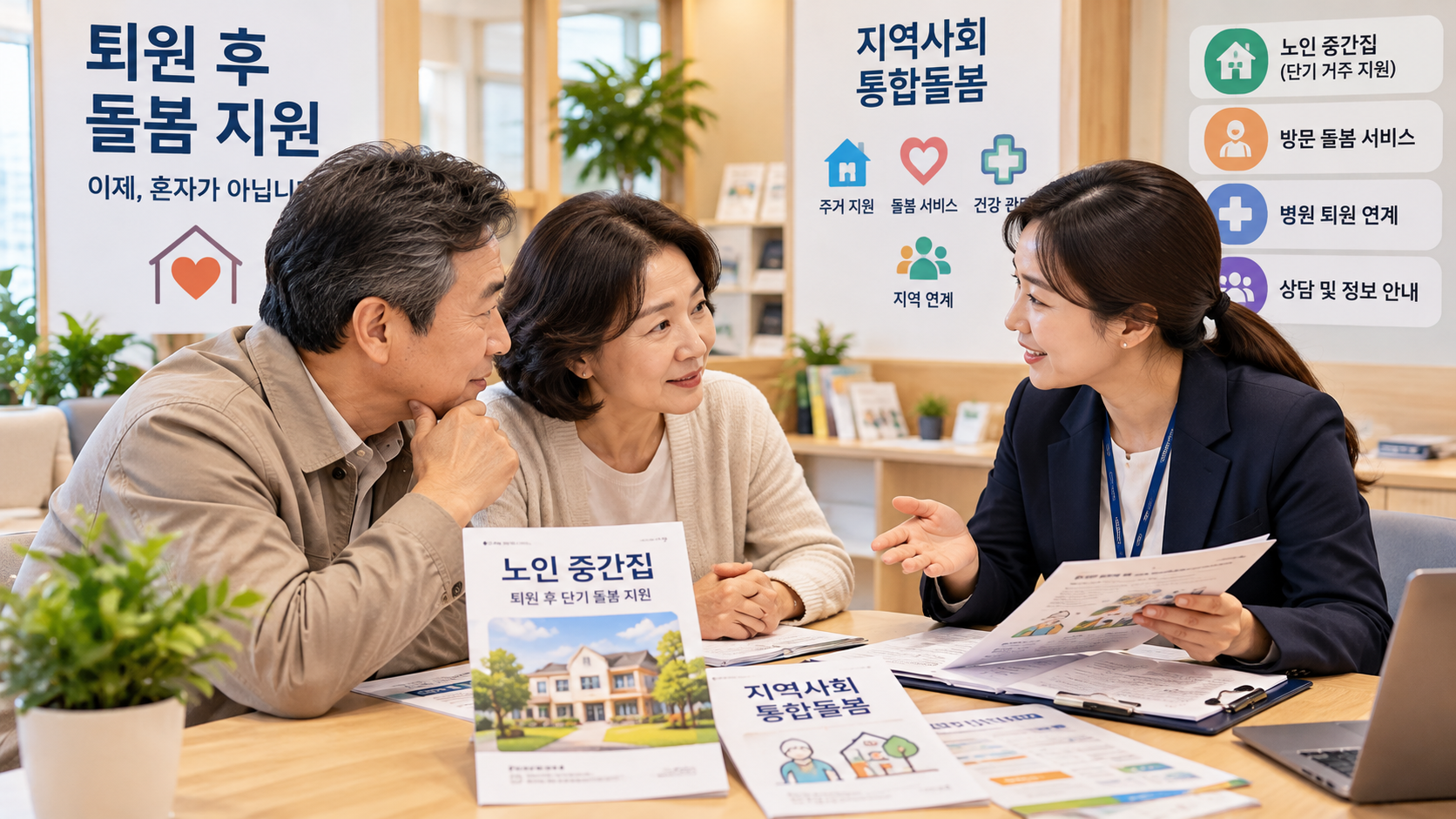 퇴원 후 돌봄 지원을 상담하는 중년 가족과 지역사회 돌봄 담당자