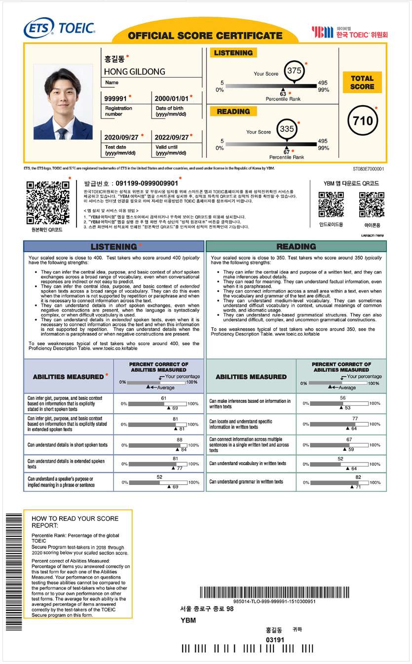 토익 성적표 2025 ❘ TOEIC 공식 점수 인증서 샘플