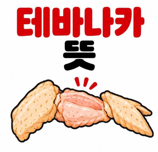 닭날개 중간 부위를 강조한 그림 옆에 테바나카 뜻 문구를 크게 보여주는 대표 카드