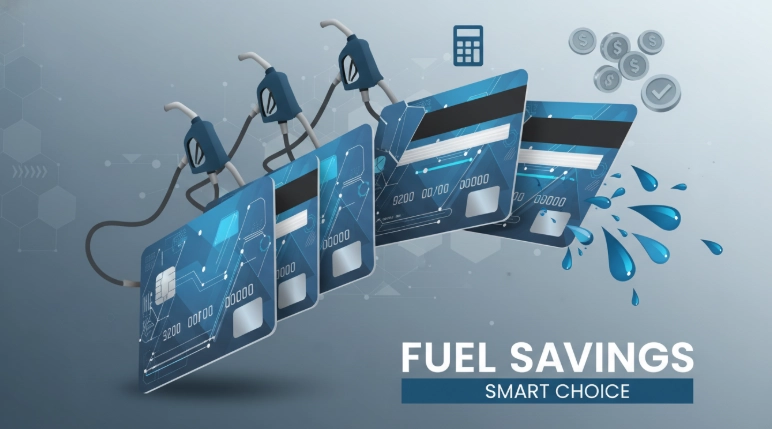 2026년 주유 할인카드 TOP 5를 보여주는 다채로운 신용카드와 주유기 이미지. 주유비 절약과 현명한 소비를 상징합니다.