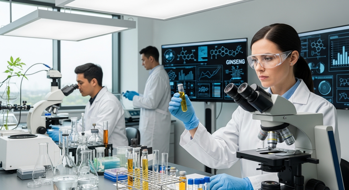 연구실에서 산삼 성분 분석을 위해 시험관과 현미경을 사용하는 과학자들