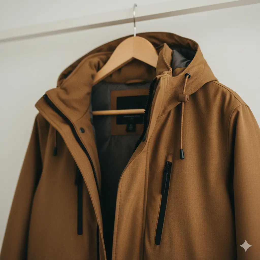 따뜻한 실내 조명 아래 바람막이 역할을 하는 겉 레이어 겨울 외투를 단독으로 촬영한 감성 클로즈업 이미지