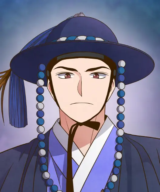 밤에 피는 꽃- 보라색 배경 파란색 종사관 옷을 입고 정면을 바라보는 박수호