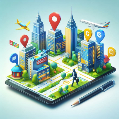 스마트폰에서 표시되는 가상 지도와 도시 풍경