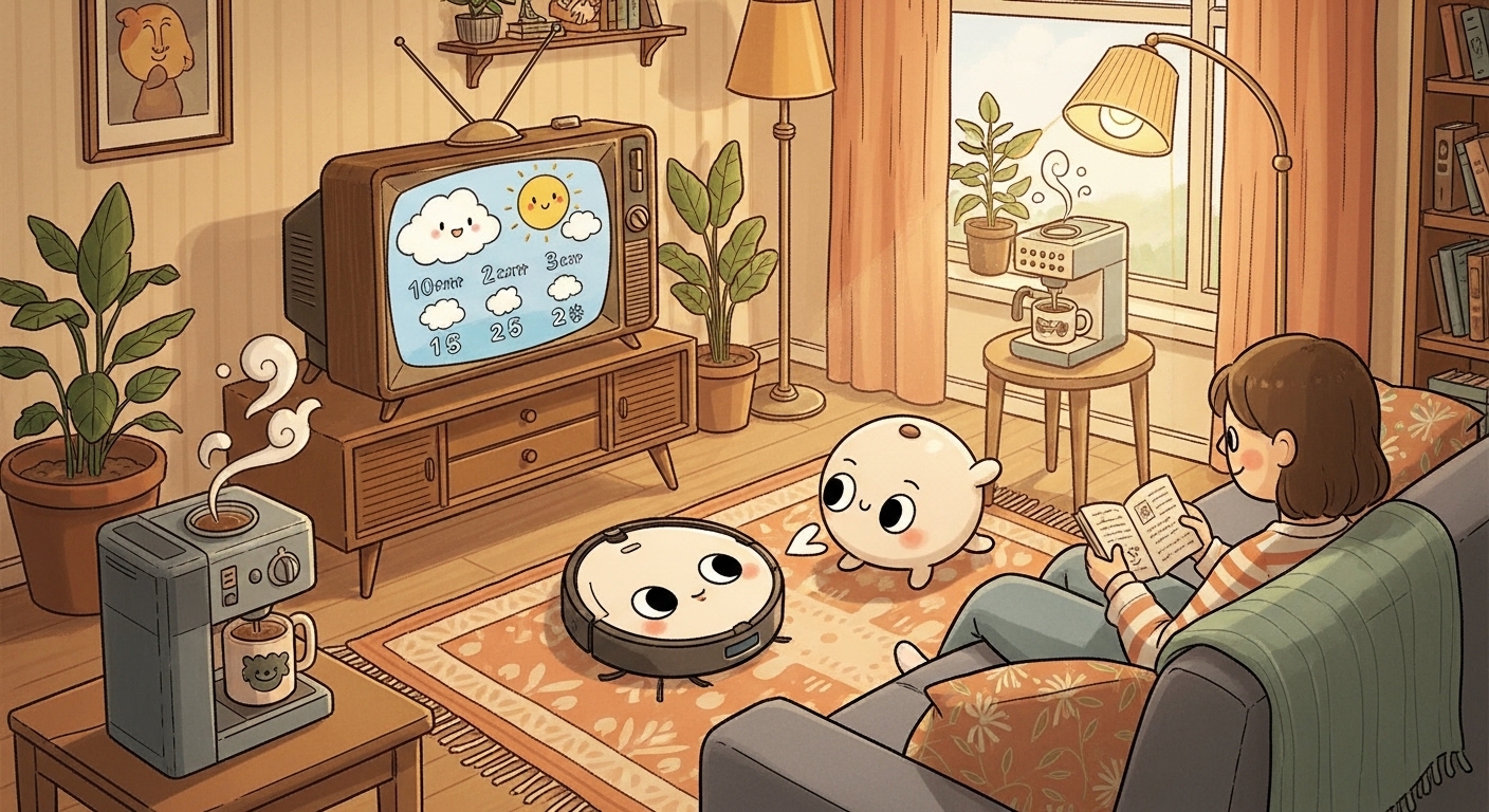 Warm illustration of appliances acting autonomously, with the TV displaying weather info and a robot vacuum approaching a user sitting on the living room sofa.