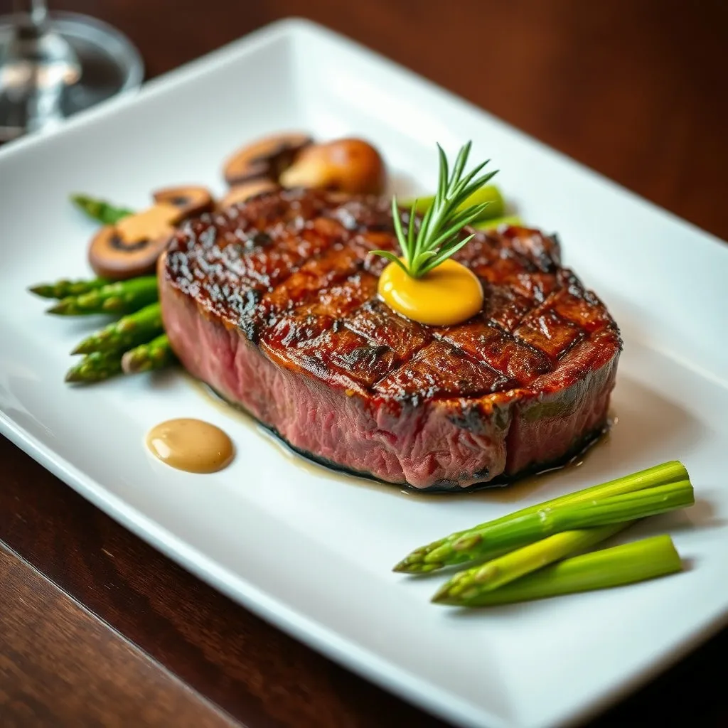 미디엄 레어로 완벽하게 구워진 한우 스테이크가 고급스러운 접시에 담겨 있습니다. 곁들여진 구운 채소(아스파라거스, 버섯 등), 로즈마리 한 조각, 홀그레인 머스타드 등으로 전문 레스토랑의 분위기를 연출합니다.