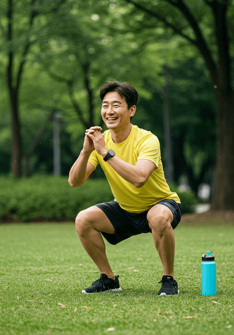 공원에서 운동복을 입고 스쿼트 자세로 근력 운동을 하는 40~50대 한국인 남성