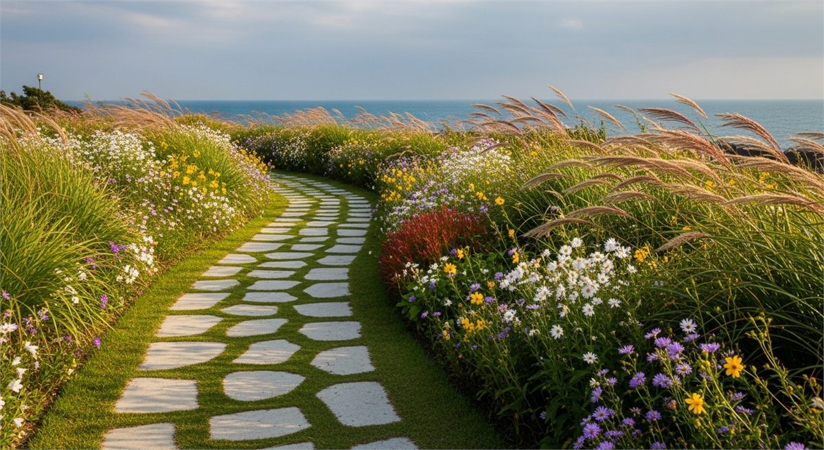 해안 정원 길가의 식재가 바람에 흔들리는 상징적인 장면 