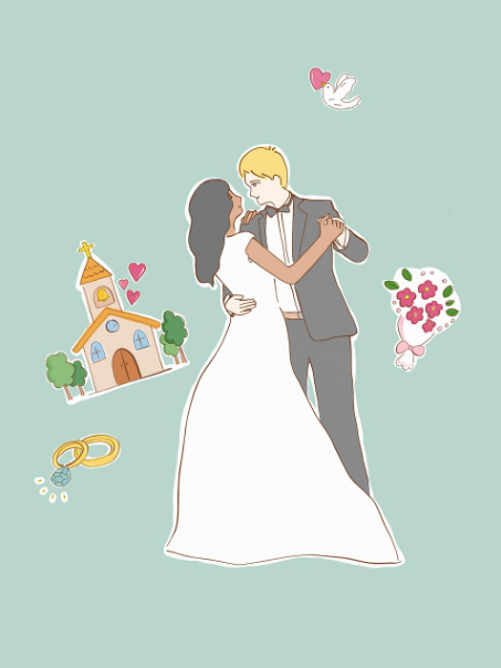 나의 사랑 나의 신부 로맨틱 웨딩 커플 일러스트 &mdash; 신랑 신부가 서로 마주 보며 춤추는 결혼식 그림, 교회&middot;부케&middot;반지&middot;비둘기 웨딩 요소 포함