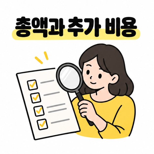 총액과 추가 비용을 확인하자는 문구와 견적 체크리스트 일러스트