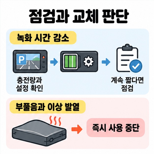 녹화 시간이 줄면 충전량과 설정을 확인하고 계속 짧으면 점검받으며, 부풀음과 이상 발열이 있으면 즉시 사용을 중단하도록 안내한 이미지
