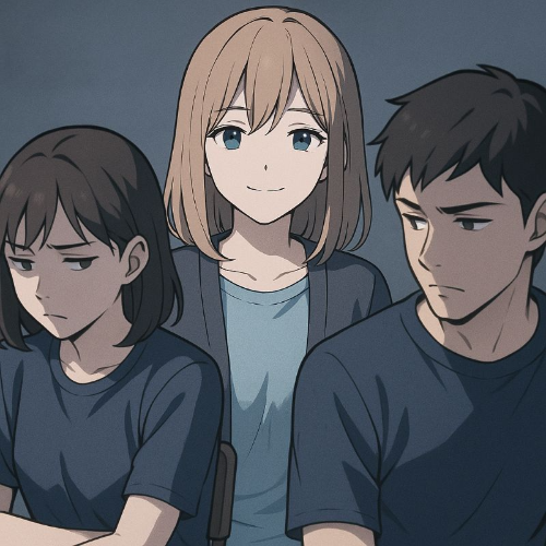 서로 사이가 나빠진 두 사람 사이에서 웃고 있는 여자