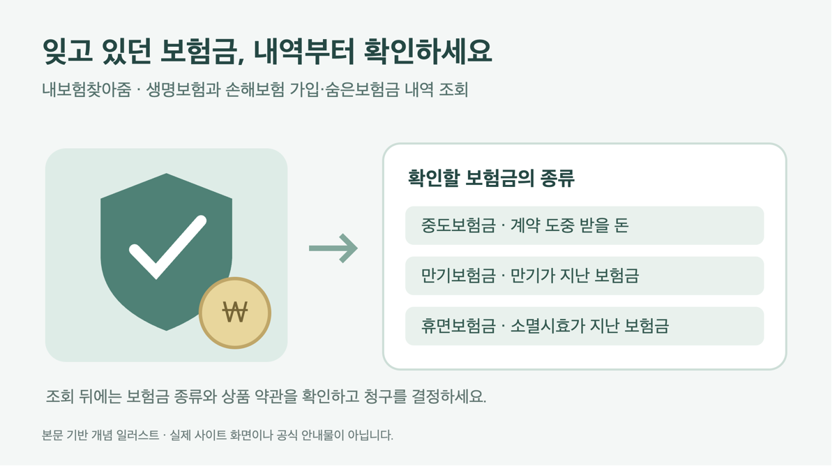 숨은보험금 세 종류를 방패와 보험금 아이콘으로 나타낸 직접 제작 개념 일러스트