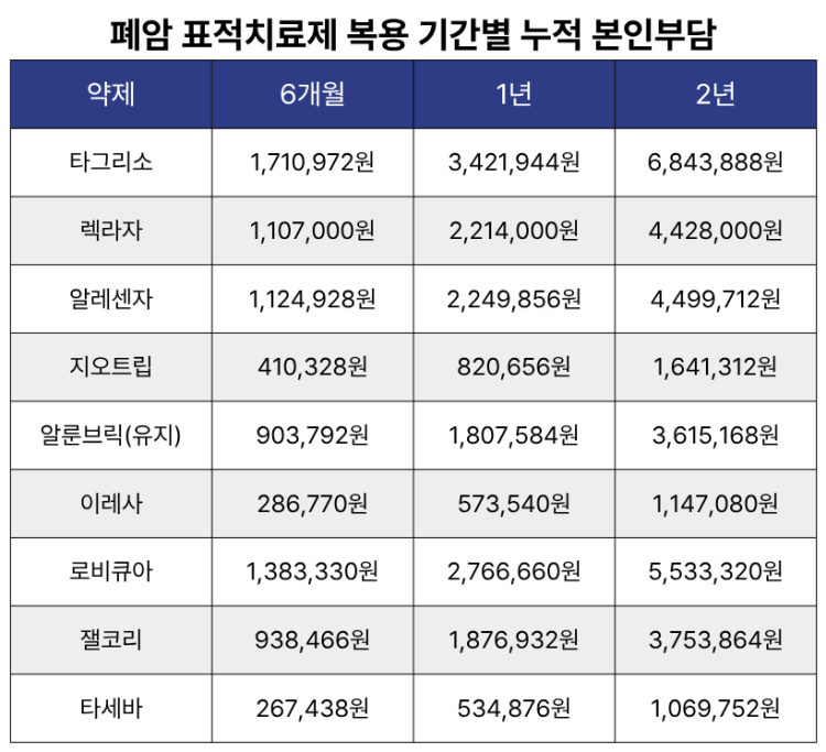폐암 표적치료제 복용 기간별 누적 본인부담