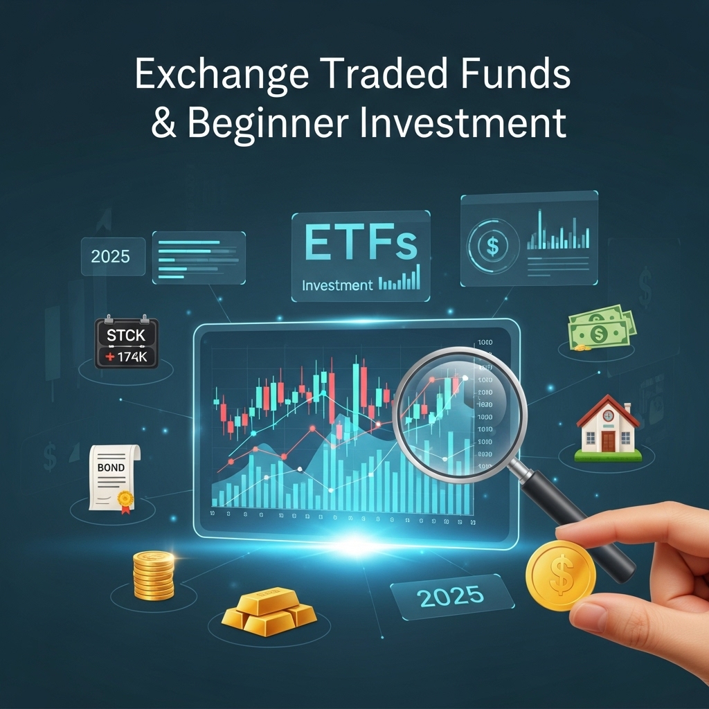 디지털 화면에 주식 차트, 다양한 자산 아이콘, 돈과 돋보기가 어우러진 ETF 투자 개념 이미지