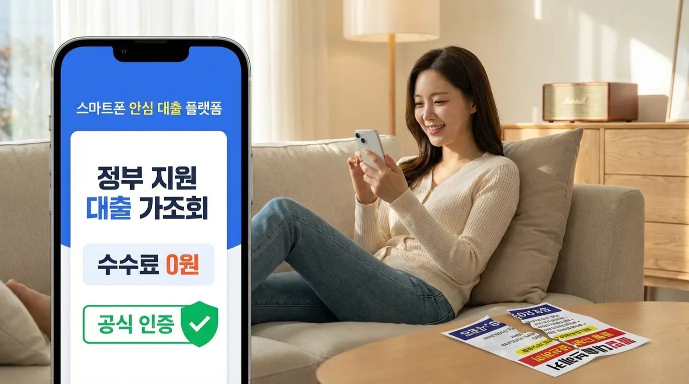 스마트폰 안심 대출 플랫폼을 통해 불법 브로커를 피하고 수수료 없이 안전하게 정부 지원 대출을 가조회하는 소비자의 모습