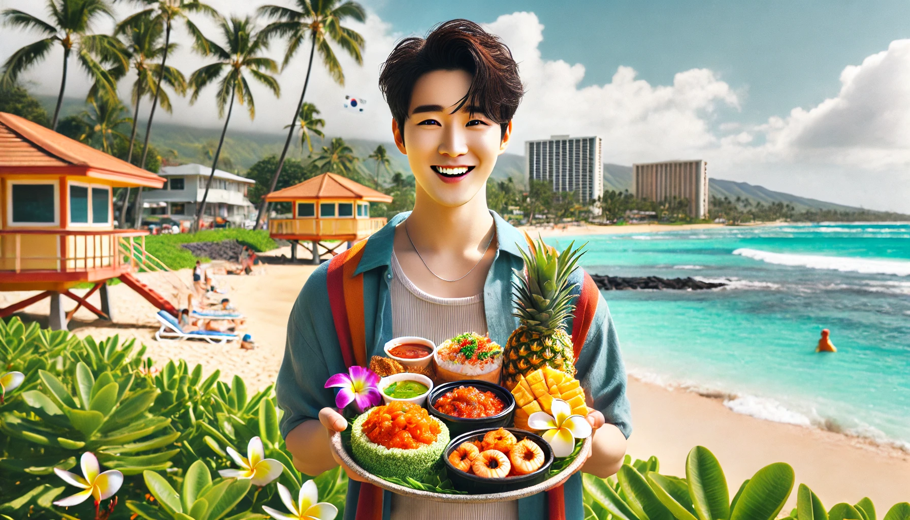 하와이의 해변을 배경으로 다양한 로컬 음식이 담긴 접시를 들고 있는 사람의 이미지