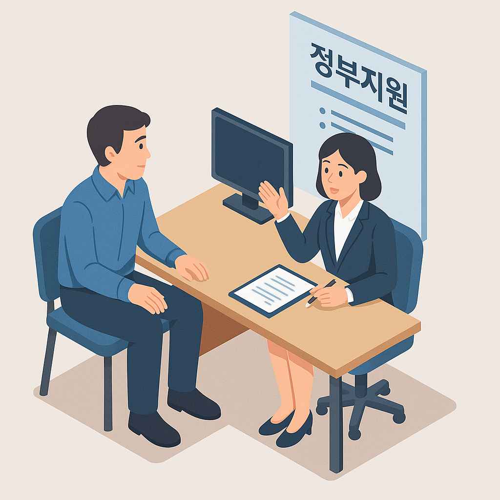 정부지원 상담 장면, 파란 셔츠 남성과 여성 상담사가 대화하는 아이소메트릭 일러스트