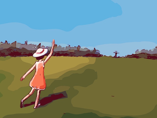 한 소녀가 멀리서 오는 누군가에게 손을 흔드는 모습