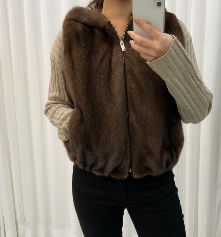 후드 짚업 펄/브라운/네이비 밍크 베스트, 3 color, 모피 조끼