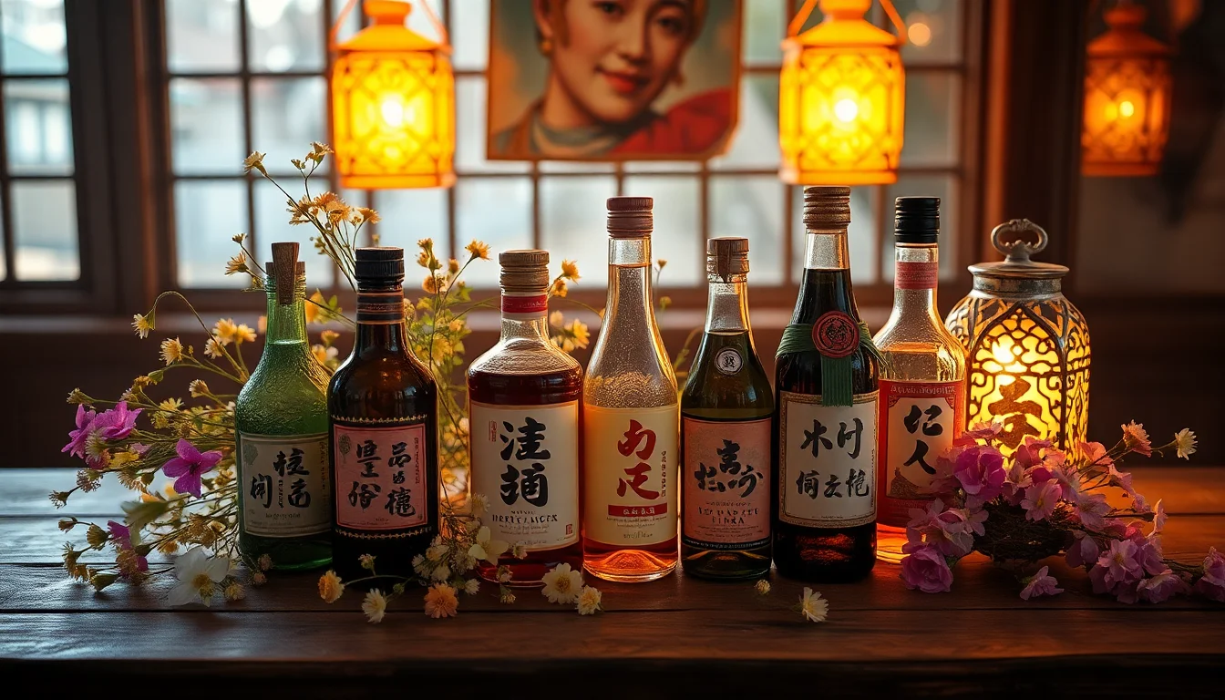 따스한 불빛 아래 전통주와 들꽃이 어우러진 정물