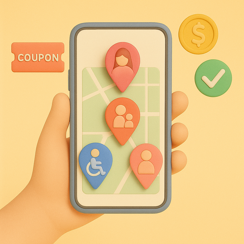 스마트폰 지도 위에 다양한 위치 핀과 가족, 산모, 지원 대상 아이콘들이 떠 있는 3D 일러스트. 쿠폰과 체크 표시가 보이며 정부지원 정보를 강조한 장면.